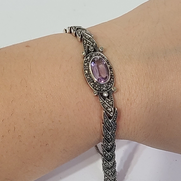 Vintage Art Deco Sterling Silver Purple Amethyst Marcasite Crystal Bracelet - Picture 13 of 15